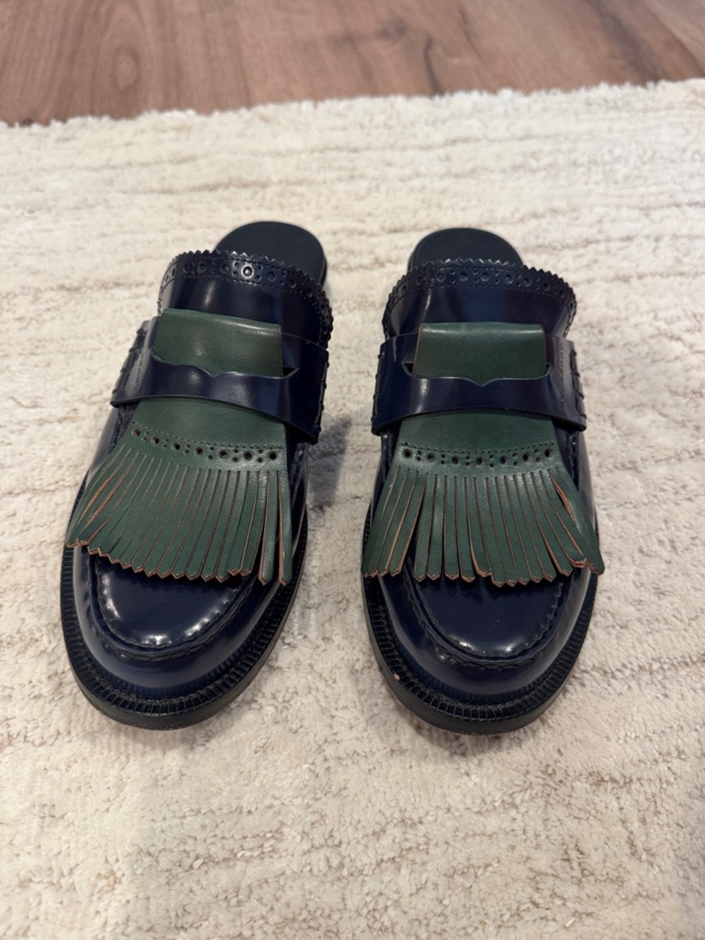 Burberry Navy Leather Slip-On Loafers with Green Fringe - Picture 3 of 6